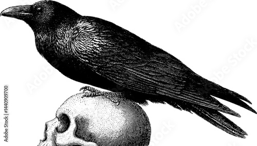 Engraved illustration of raven perched on human skull - gothic art design for posters and prints