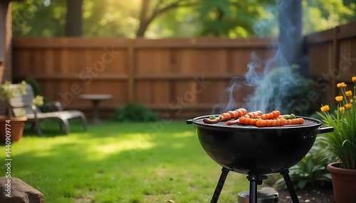 BBq grill in the backyard background with ean mpty wooden table,BBq party concept,  created with generative ai
