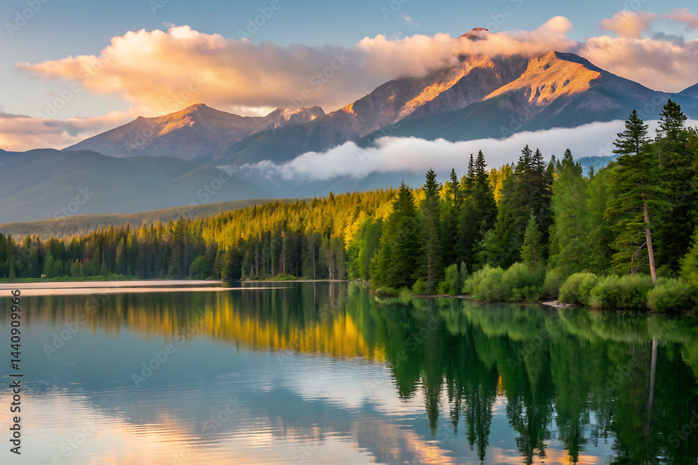 A peaceful scene unfolds as misty dawn breaks over a calm lake, bordered by vibrant green forests and towering mountains, with a gentle fog drifting in.