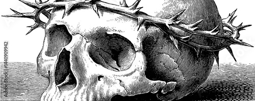 Engraved skull with thorn crown illustration for dark art design