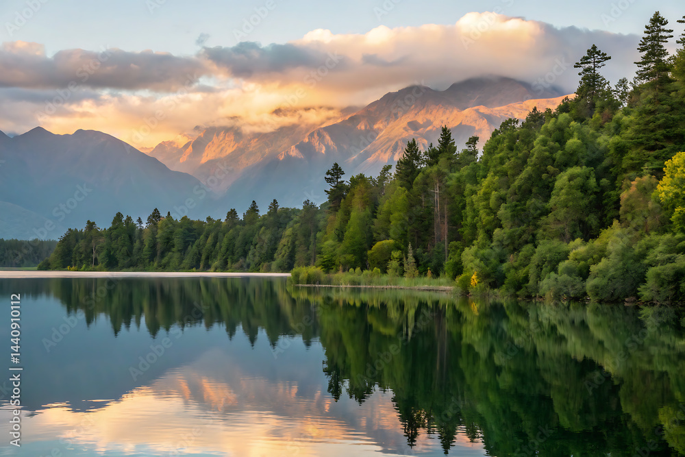 A peaceful scene unfolds as misty dawn breaks over a calm lake, bordered by vibrant green forests and towering mountains, with a gentle fog drifting in.