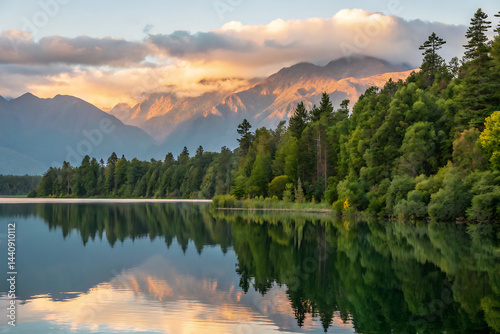 Obraz na płótnie A peaceful scene unfolds as misty dawn breaks over a calm lake, bordered by vibrant green forests and towering mountains, with a gentle fog drifting in. w salonie
