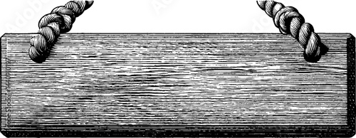 Rustic wooden signboard hanging on rope - vintage engraving art design for decoration and display