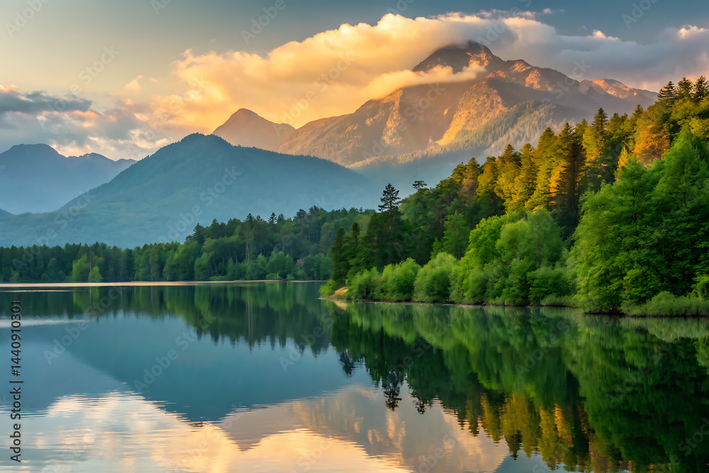 A peaceful scene unfolds as misty dawn breaks over a calm lake, bordered by vibrant green forests and towering mountains, with a gentle fog drifting in.