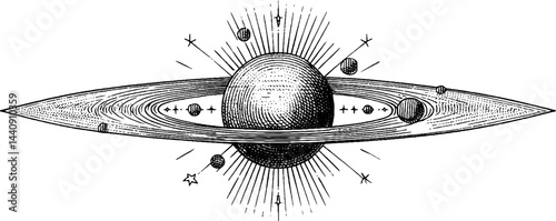Engraved celestial banner with orb and stars for cosmic design