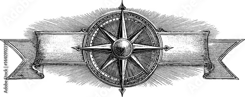Vintage compass rose with engraved banner design for nautical themes