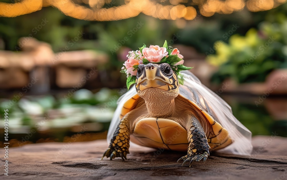 A charming turtle wearing a floral crown and delicate veil sits on a rock near a serene pond. Soft string lights twinkle in the background, adding a whimsical touch to the lush garden setting