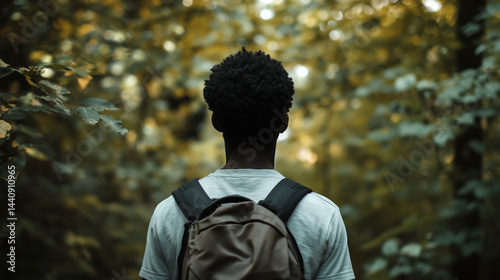 Young man explores wooded area during autumn with a backpack on a peaceful afternoon
