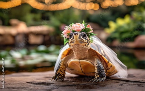 Obraz na płótnie A charming turtle wearing a floral crown and delicate veil sits on a rock near a serene pond. Soft string lights twinkle in the background, adding a whimsical touch to the lush garden setting w salonie