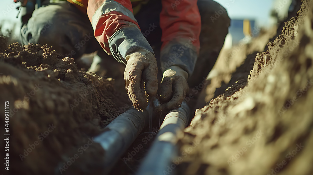 Worker Installing Underground Pipeline Worker Installing Underground Pipeline