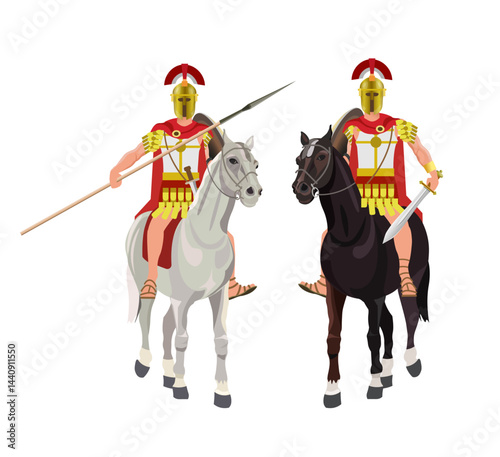 Roman cavalry. Two ancient warriors on horseback with a spear and a sword. Vector illustration isolated on white background.