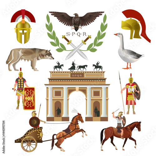 Symbols of ancient Rome. Roman empire set with coat of arms, helmet, she-wolf, goose, Triumphal arch and armed soldiers. Vector illustration isolated on white background