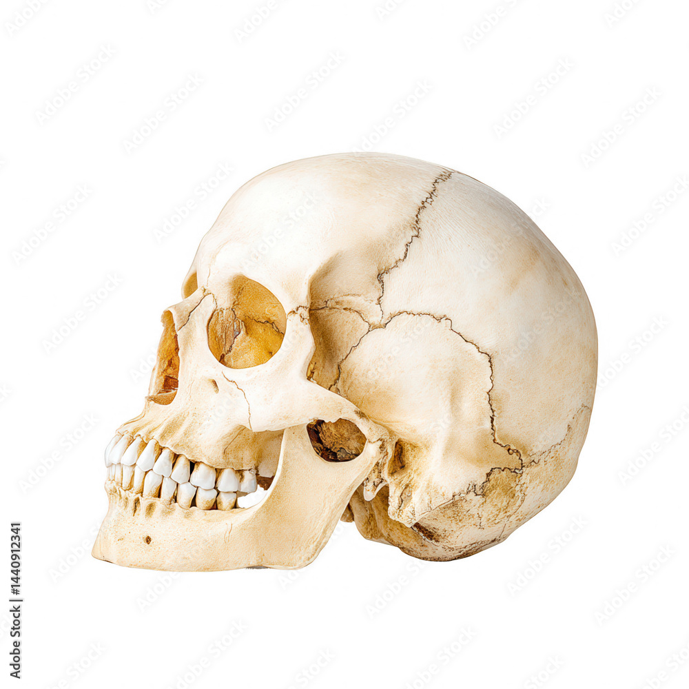 Fototapeta premium The human skull shows complex structure with visible sutures on white background.