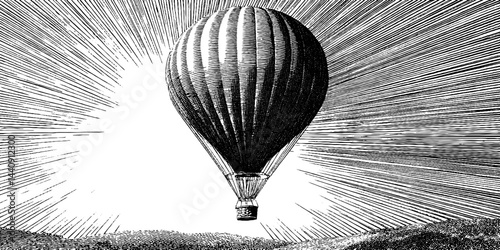 Vintage hot air balloon illustration with engraved textured design for posters or prints