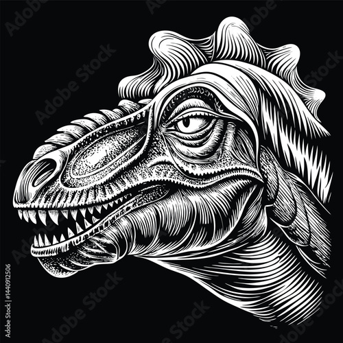 Detailed black and white illustration of a dinosaur's head and neck