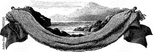 Vintage engraving of fishing net over rocks by the sea
