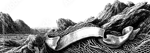 Vintage engraving of fishing net draped over rocky coastline