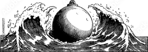 Nautical engraving of floating buoy amidst ocean waves for maritime design
