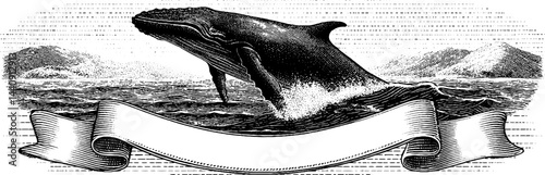 Engraved illustration of a whale breaching in ocean waves with blank banner