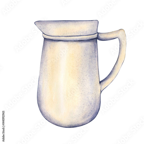 White ceramic jug. Watercolor hand drawn illustration of clay decanter on Transparent PNG format Background. Ornate vase for bouquet of flowers. Watercolor porcelain milk jug