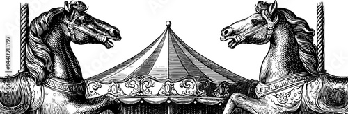 Vintage engraving of carousel horses with carousel tent in classic style for nostalgic designs