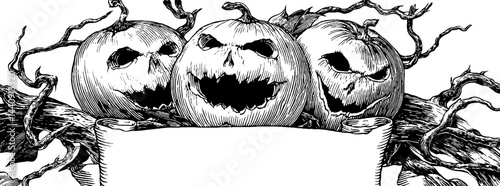 Halloween carved pumpkin faces for festive decorations and invitations