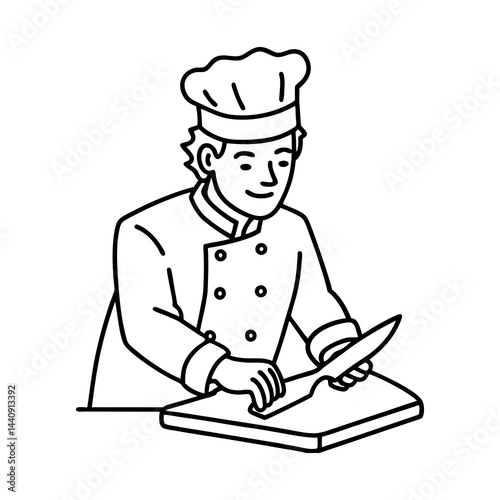Chef cutting food on board in vector line art style