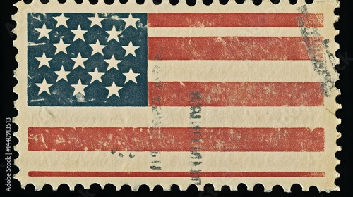 American Flag Postage Stamp: A vintage postage stamp featuring the iconic American flag, with its red and white stripes and a field of blue stars, showcasing a patriotic symbol.