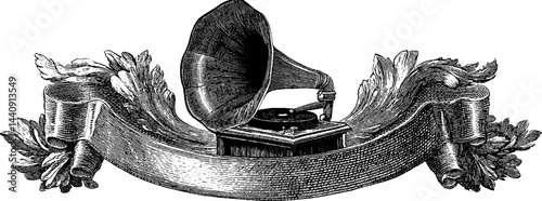 Vintage gramophone engraving with ornamental ribbon for retro design