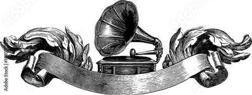 Vintage gramophone with ornate design and ribbon banner for antique music theme