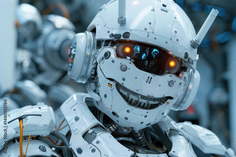 Fototapeta premium Happy white closeup robot face symbolizing new AI driven technology