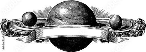 Engraved illustration of planets orbiting a cosmic scene