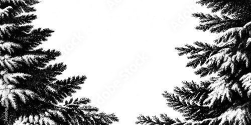 Engraved illustration of a winter wonderland featuring snowy pine trees in a serene forest landscape. Vintage black and white design