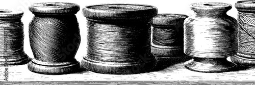 Intricate vintage spools of thread and yarn engraving for craft and textile design