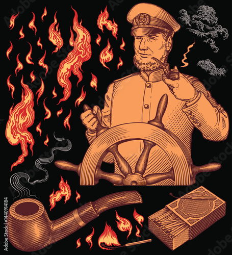 The captain at the helm and a smoking pipe. Design set. Editable hand drawn illustration. Vector vintage engraving. Isolated on black background. 8 EPS