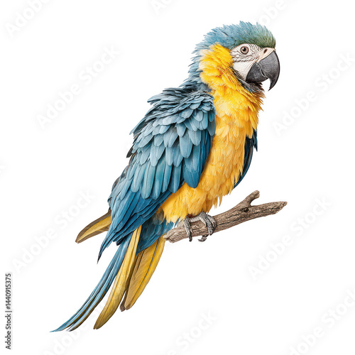 Beautiful blue and gold macaw perches on a branch against a white background.
