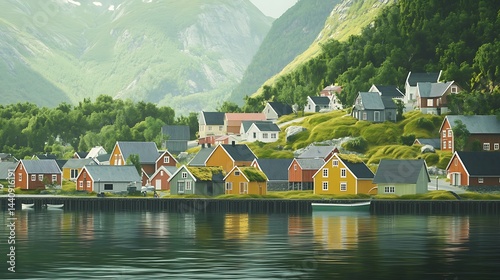 Colorful Norwegian village nestled beside a fjord. photo