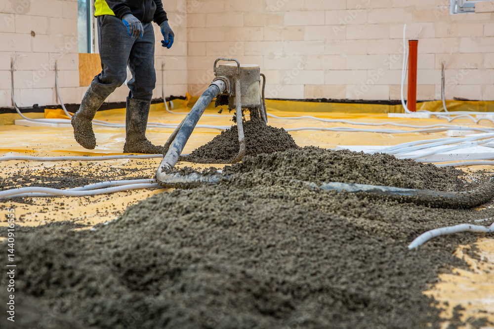 A worker in boots and gloves operates equipment to pour and spread wet concrete over a yellow layer, with visible piping for underfloor heating installation.