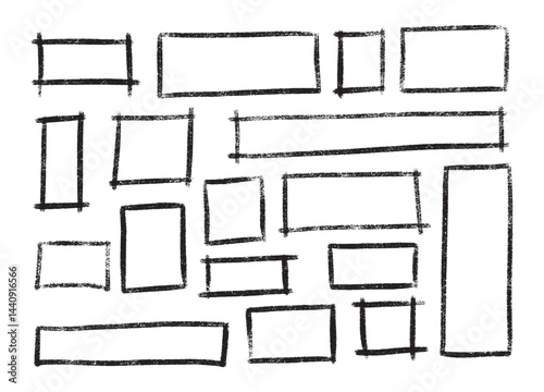 Black highlight rectangle hand drawn set - rough sketchy crayon or marker shapes, ink graphic underlining elements in grunge style for drawing attention to important information and emphasizing text