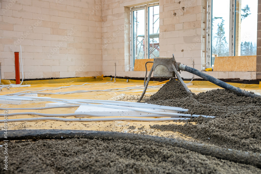 An under construction interior with light brick walls, concrete pouring via a hose, yellow floor covering, white pipes, and large windows with scaffolding outside.