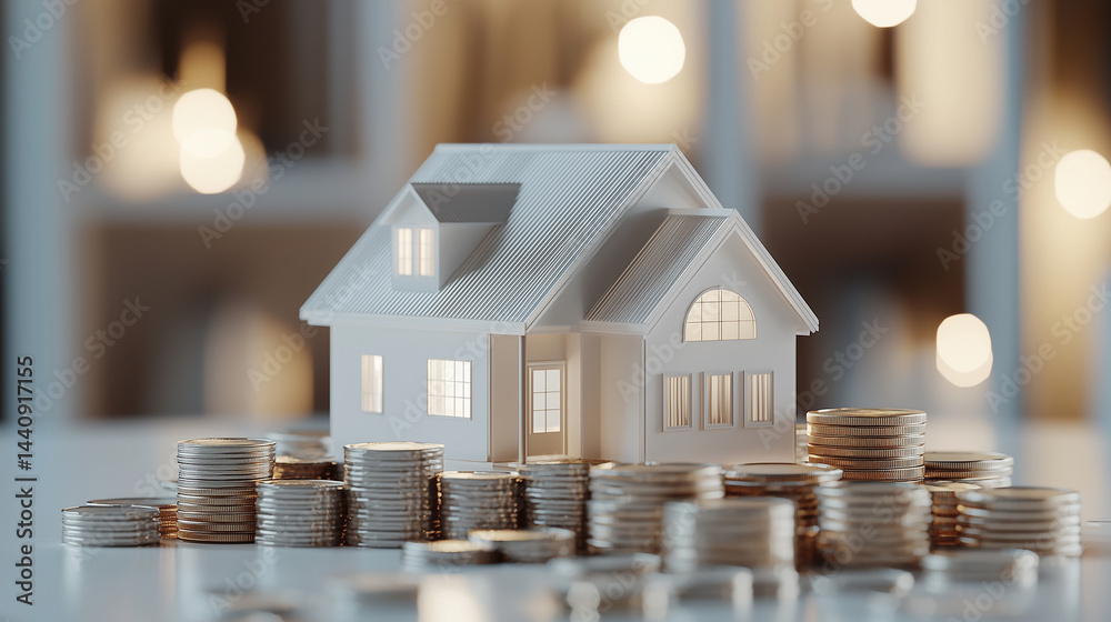 Detailed 3D house model atop coin piles, representing real estate success, realistic reflections, clean and organized layout