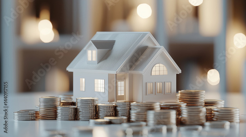 Obraz na płótnie Detailed 3D house model atop coin piles, representing real estate success, realistic reflections, clean and organized layout w salonie