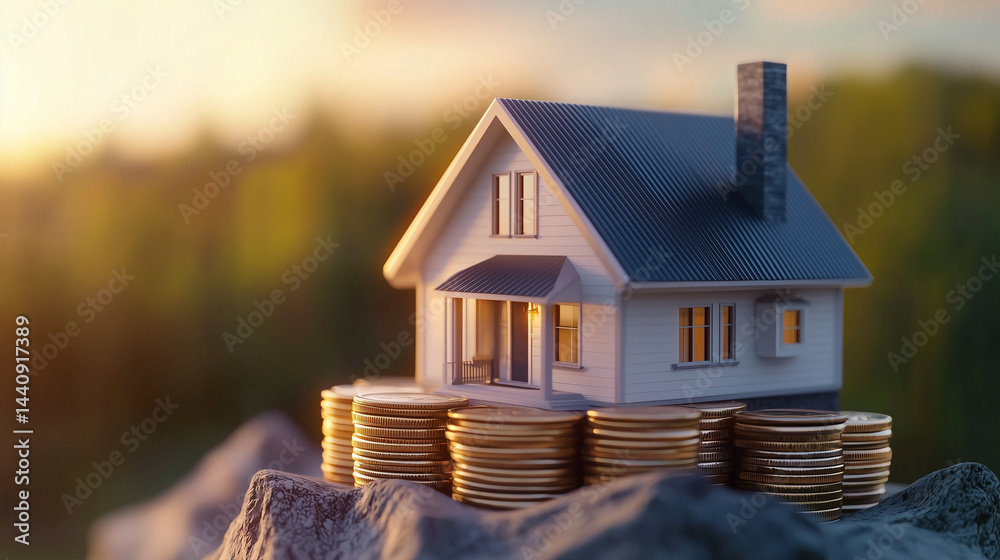 3D-rendered house resting on stacked coins, precise detailing, symbolizing smart financial moves in real estate, crisp, clear scene