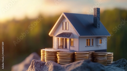 Obraz na płótnie 3D-rendered house resting on stacked coins, precise detailing, symbolizing smart financial moves in real estate, crisp, clear scene w salonie