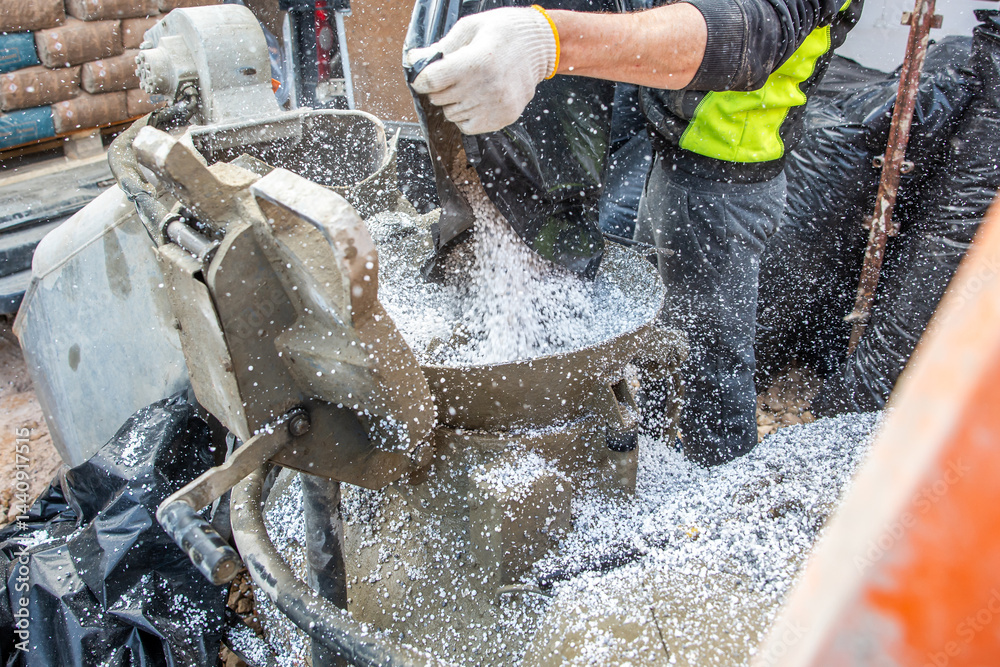 A worker in high visibility gear pours white granules into a concrete mixer surrounded by black coverings and construction materials at an active site.