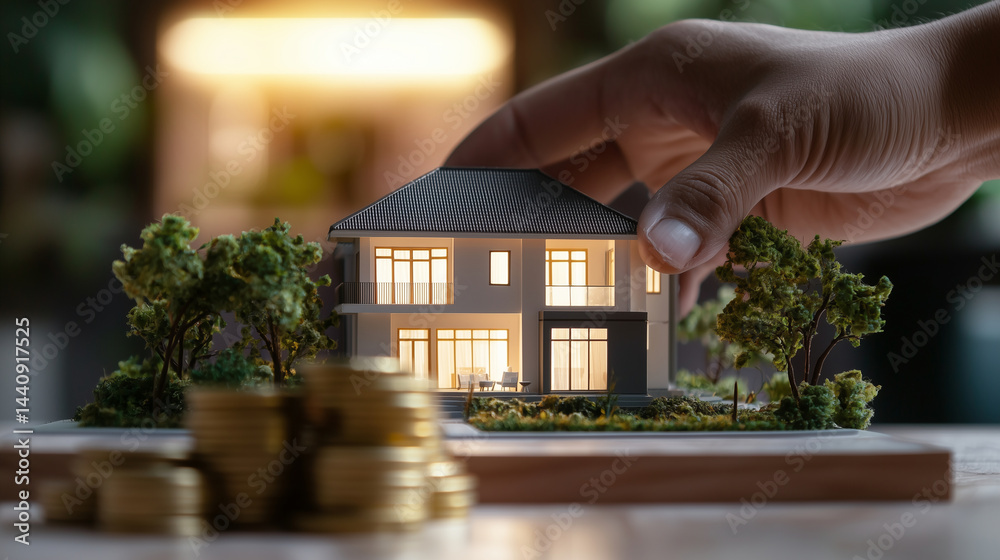 Hands presenting house model, coins stacked in foreground, symbolizing real estate stability, soft natural light, detailed textures