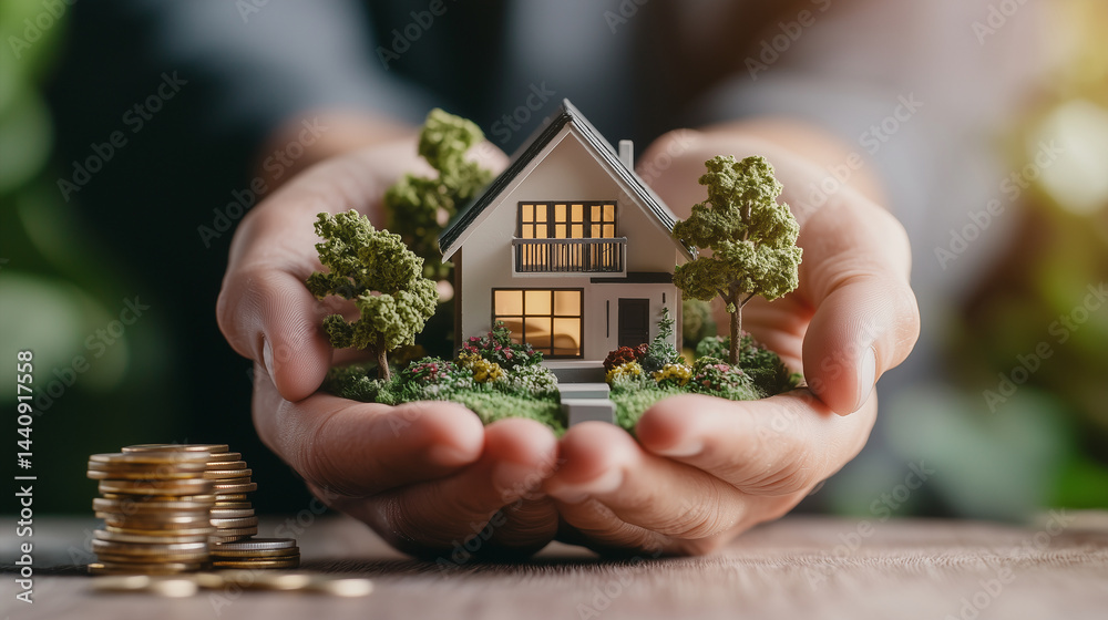 Hands presenting house model, coins stacked in foreground, symbolizing real estate stability, soft natural light, detailed textures