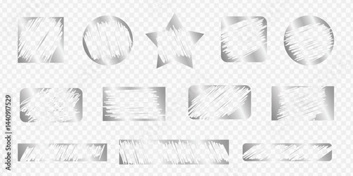 Card lottery scratch silver badges on transparent background - chalk shading smudged blotchy doodle elements. Gritty grainy overlay geometric smear templates. Rugged ragged glossy ink splatter.