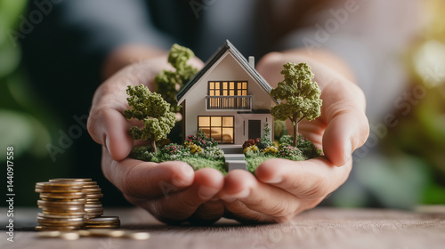 Obraz na płótnie Hands presenting house model, coins stacked in foreground, symbolizing real estate stability, soft natural light, detailed textures w salonie