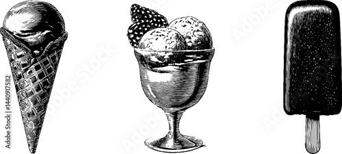 Vintage ice cream cone and popsicle engravings for retro dessert designs